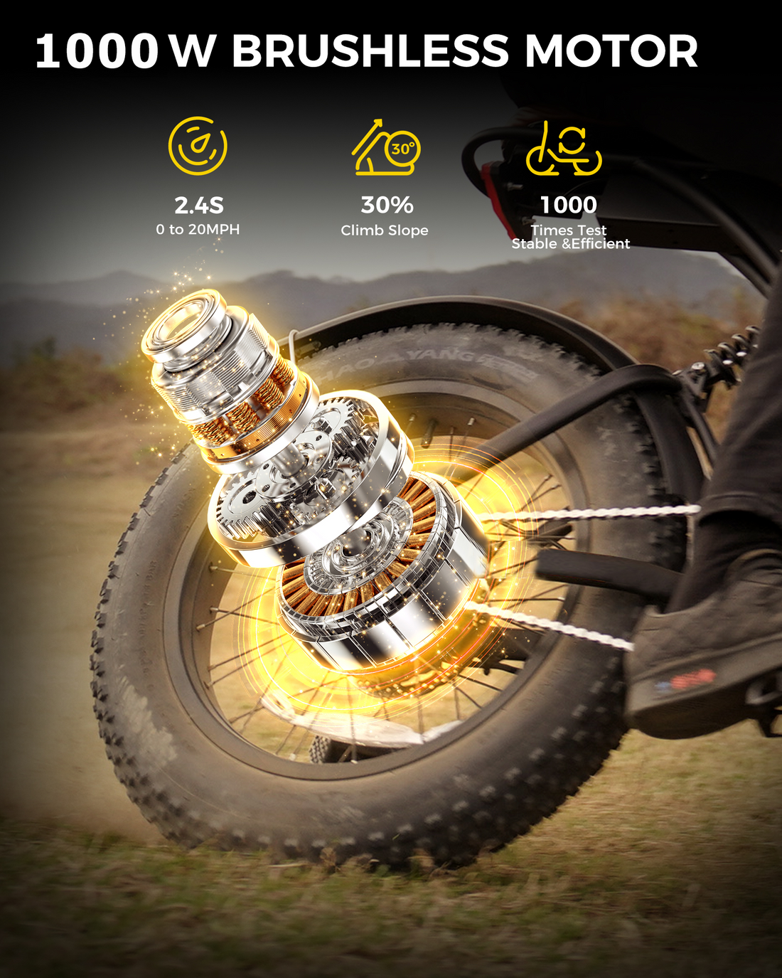 Flydone Electric Bike for Adults, Peak 1000W Electric Motorcycle 20" Fat Tire Dirt Bike, 32KMH Max 80-100KM PAS Range Off Road, Beach Mountain E Bike