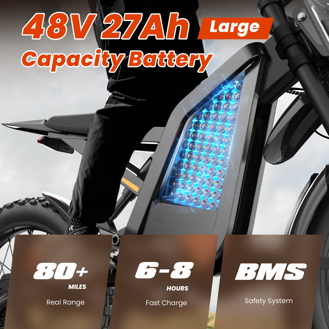 Flydone R8 Electric Dirt Bike for Adults, 𝟰𝟬𝟬𝟬𝗪 𝗣𝗲𝗮𝗸 27AH Electric Bike, 35MPH 65+ Mile Range, 19" Fat Tire Off-Road Motorcycle, Hydraulic Disc Brakes
