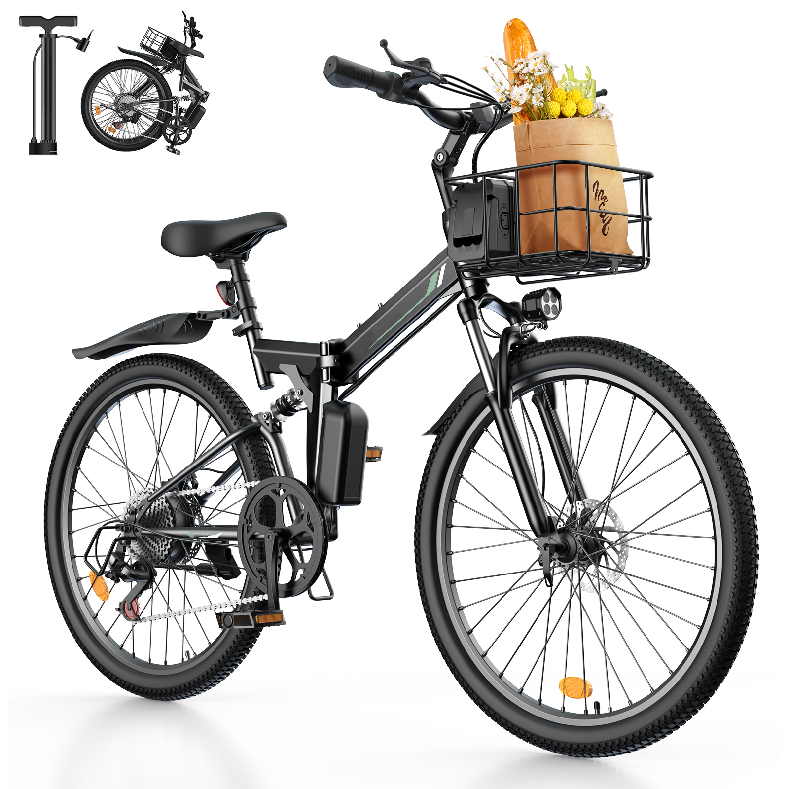Urban/Folding Electric Bike for Adults 48V 13Ah 1000W 26" with Basket Dual USB Charging Ports Full Suspension 7 Speed Gearshift Ebike 20mph Foldable Electric Mountain Bike