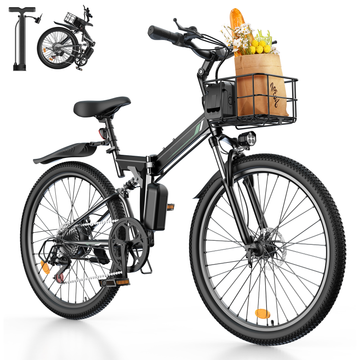 Urban/Folding Electric Bike for Adults 48V 13Ah 1000W 26" with Basket Dual USB Charging Ports Full Suspension 7 Speed Gearshift Ebike 20mph Foldable Electric Mountain Bike