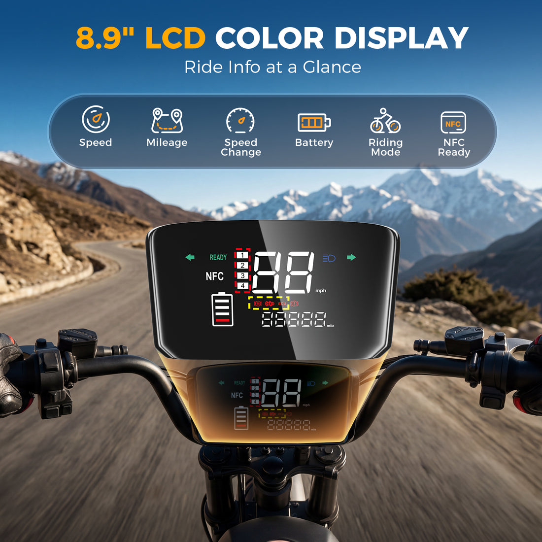 Flydone MT1 Electric Dirt Bike for Adults 5000W Peak Motor 45 MPH 80 Miles Range 52V 20Ah Battery Full Suspension 14" Front 12" Rear Fat Tire NFC Lock 8.9" TFT Display